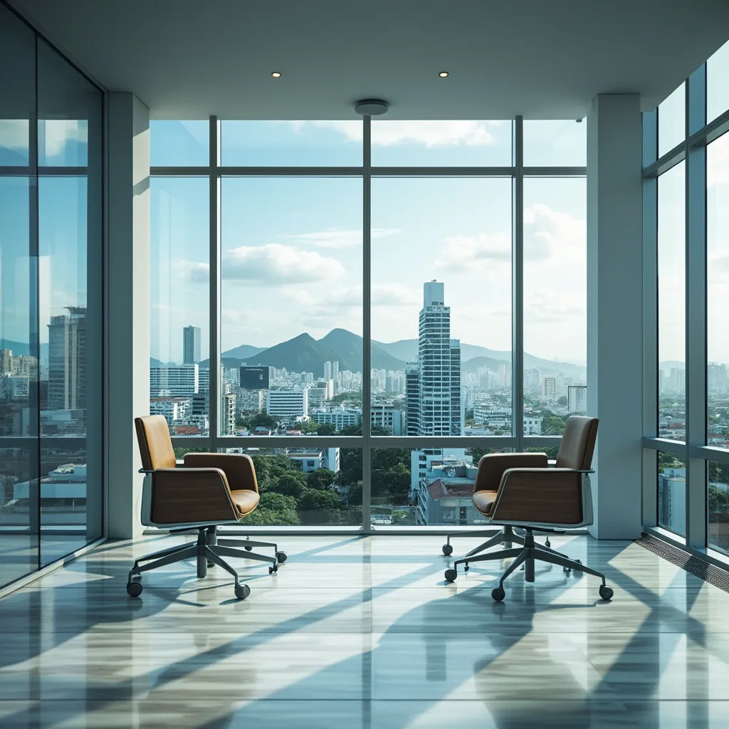 Escritório moderno da BrasilInvestCo com vista para a cidade